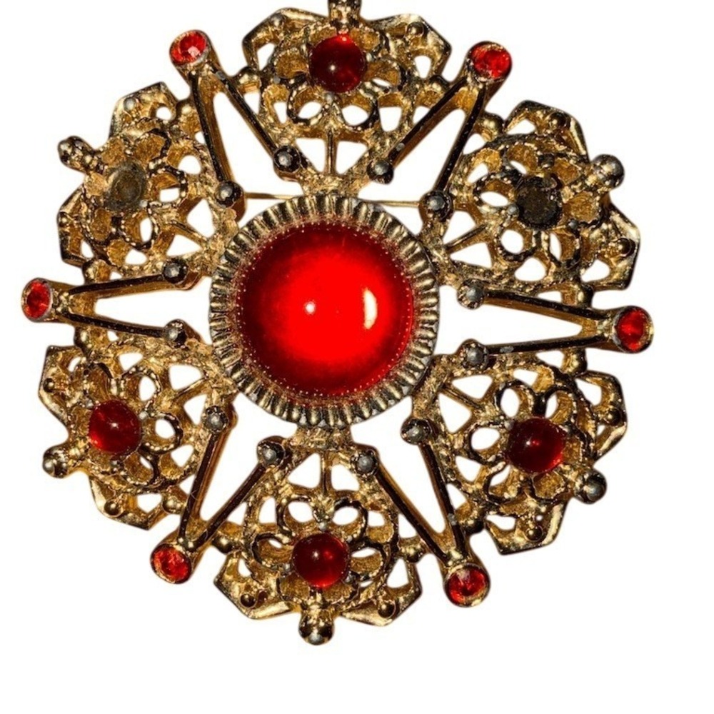 Vintage Sarah Coventry Brooch Pin Gold Tone Red Cabochon Starburst Signed
